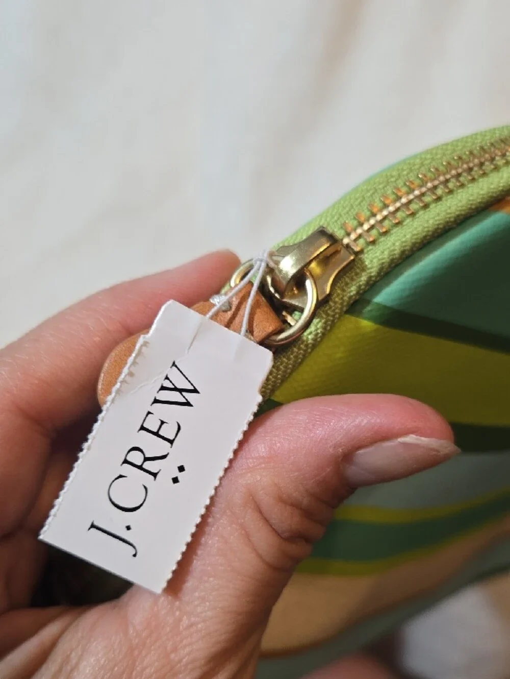 J. Crew Striped Green Tan Cream Cosmetic Pouch New